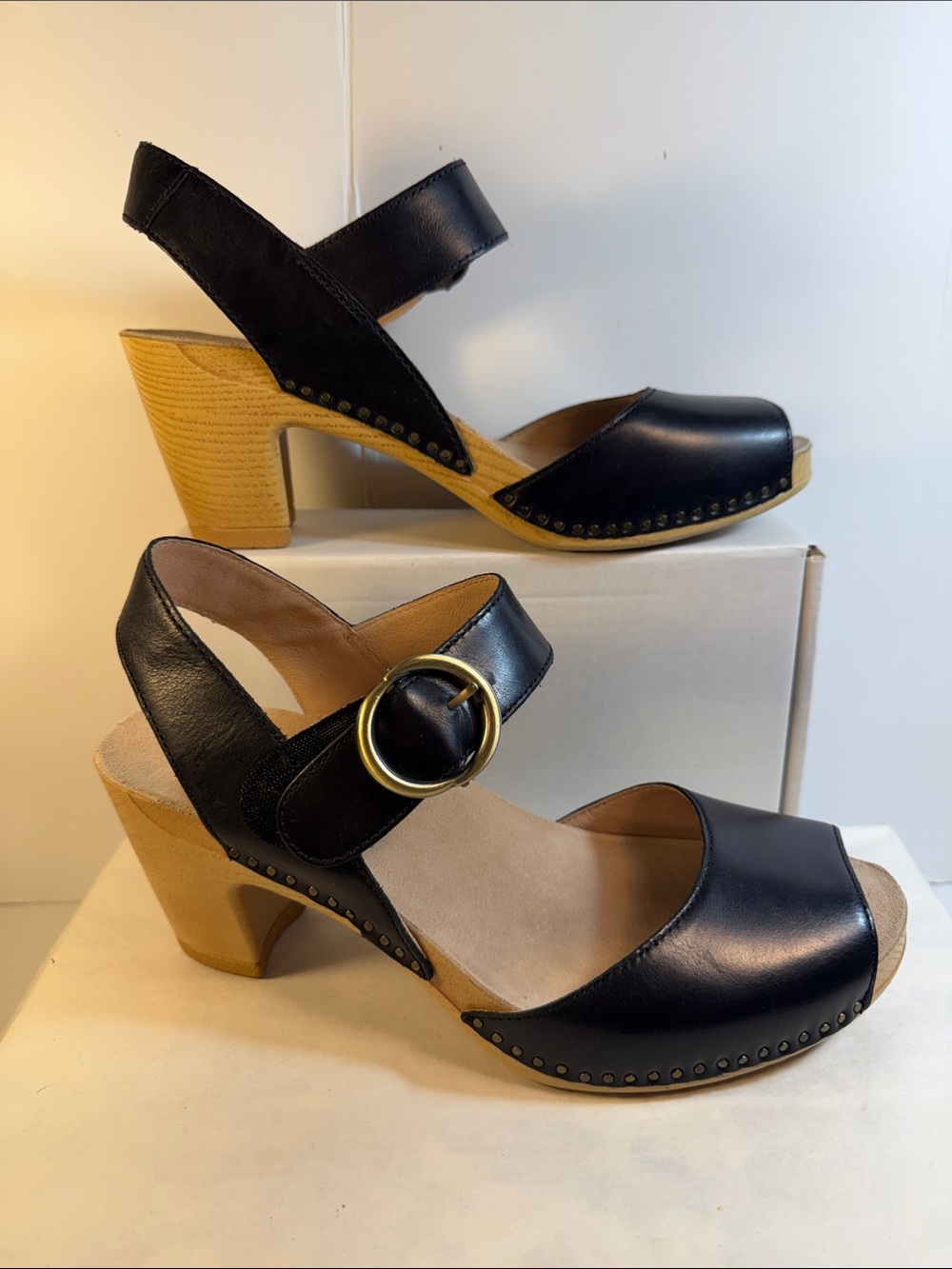 Dansko Black Leather Slingback Sandals with Gold Buckle